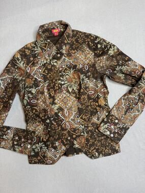 Eye Womens Floral Button Up Shirt Brown Cotton Boho Fitted Smocked Back Size 4
